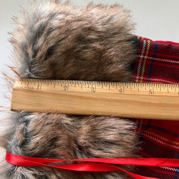 Christmas Stocking Yellow Red Green Fur Trim Tartan Plaid with  Pom-Poms - Picture 6 of 8